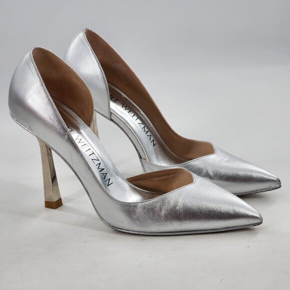 STUART WEITZMAN Anny X Heel 100 Pump Silver Leather Pointed Toe - Picture 3 of 11